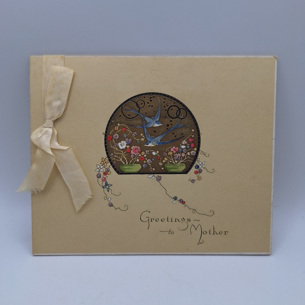 Vintage Art Deco Mother Greeting Card Bluebirds Flowers Ribbon Bow